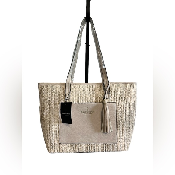 LONDON FOG Alisa Jute Straw Tote Handbag Cream Gold Tone Hardware NWT - Picture 2 of 14